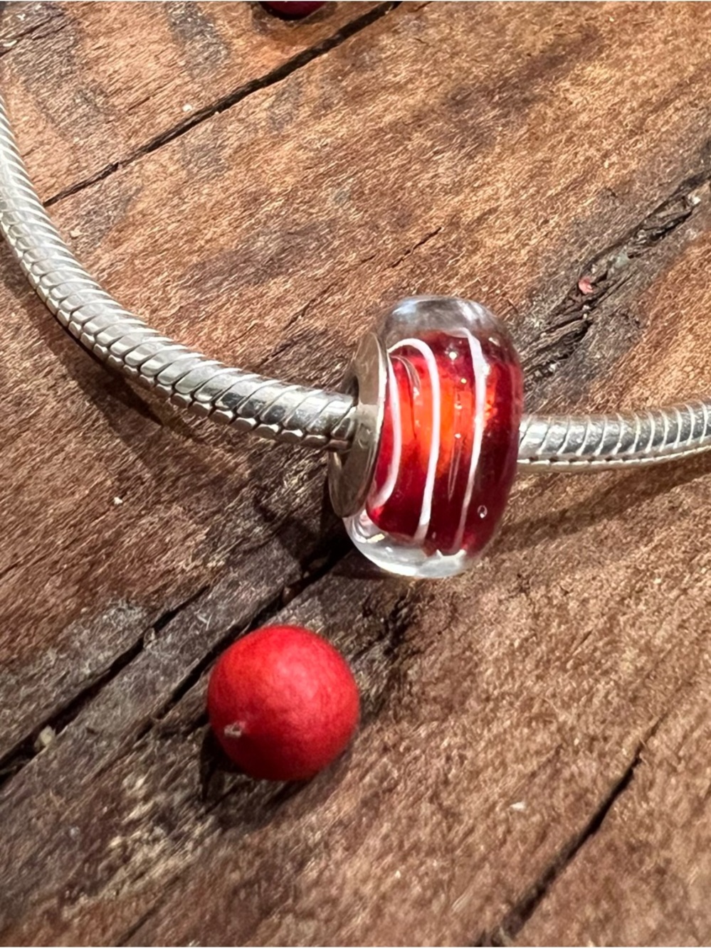 Authentic Chamilia Charm Red Murano Stripped With Sterling Silver Core White